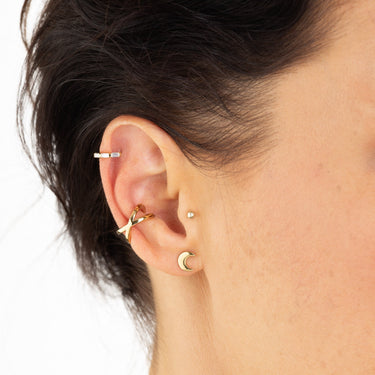 Woman Wearing Gold Crescent Moon Stud Earrings | Celestial Inspired Studs