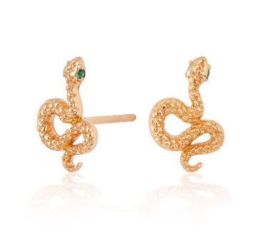 Gold Snake Stud Earrings with Green Stones | Serpent Shaped Studs