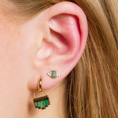 Woman Wearing Gold Audrey Stud Earrings | Emerald Green Stone Stud Earrings