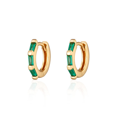 Gold Huggie Hoop Earrings with Baguette Green Stones