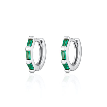Silver Huggie Hoop Earrings with Baguette Green Stones