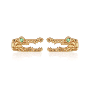 Gold Crocodile Stud Earrings with Green Stones | Alligator Studs