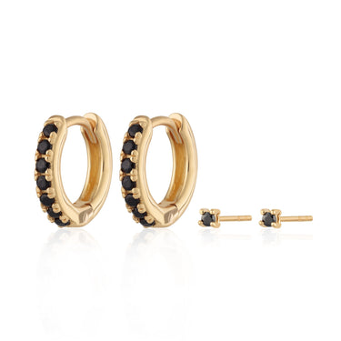 Black Stone Huggie and Tiny Stud Set of Earrings | Ear Stacking Set | Scream Pretty