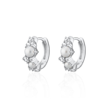 Pearl Silver Huggie Hoop Earrings