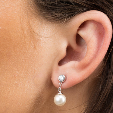 Silver Pearl Drop Stud Earrings | Clear Stone Stud Earring with Pearl Drop