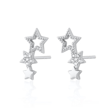 Silver Star Ear Climber Stud Earrings | Star Climber Studs with Clear Stones