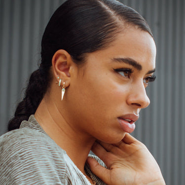 Lime Green Opal Gold Huggie Hoop Earrings on model
