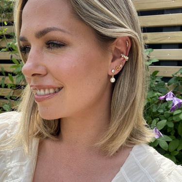 Hannah Martin Wearing Gold Pearl Drop Stud Earrings | Clear Stone Stud Earring with Pearl Drop