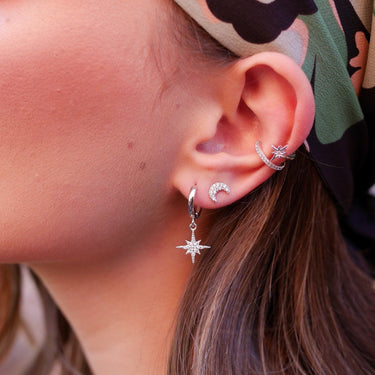 Woman Wearing Silver Sparkling Crescent Moon Stud Earrings | Celestial Inspired Studs