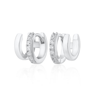 Mismatched Double Silver Huggie Earrings with Clear Stones