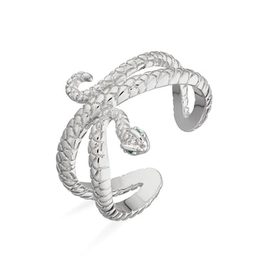 Adjustable Silver Snake Ring with Green Stones | Silver Serpent Ring