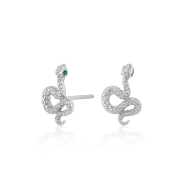 Silver Snake Stud Earrings with Green Stones | Serpent Shaped Studs