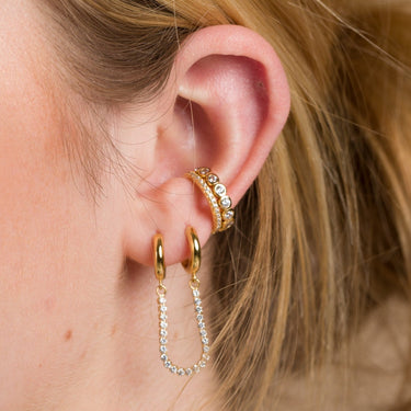 Gold Tennis Chain Double Huggie Earring in first and second Ear Lobe Piercing