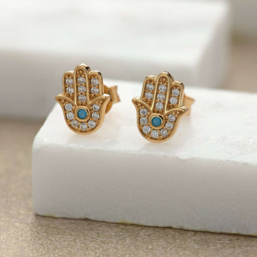 Gold Fatima Stud Earrings | Hand of Fatima Stud Earrings