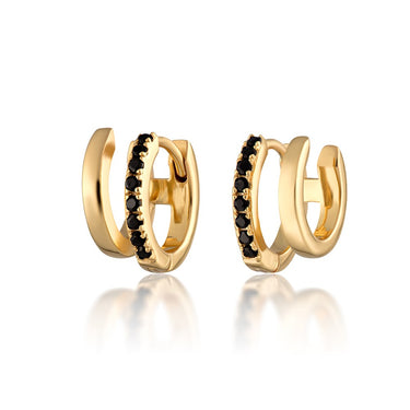 Gold Mismatched Double Huggie Earrings with Black Stones | Twin Mini Hoop Earrings by Scream Pretty