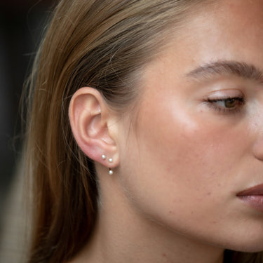 Woman Wearing Pearl Ear Jacket Stud Earrings in Gold