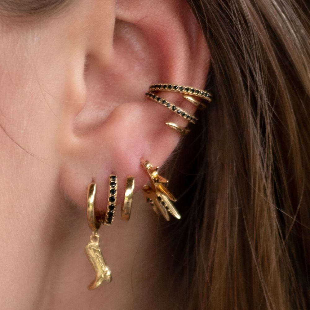 Gold Cowboy Boot, Double Huggies with Black Stones & Black Stone Ear Cuff on Ear