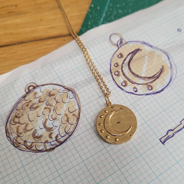 Gold Moon Phase Necklace with Slider Clasp with Design Drawings