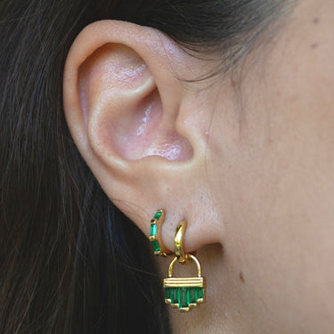 Gold Huggie Hoop Earrings with Baguette Green Stones