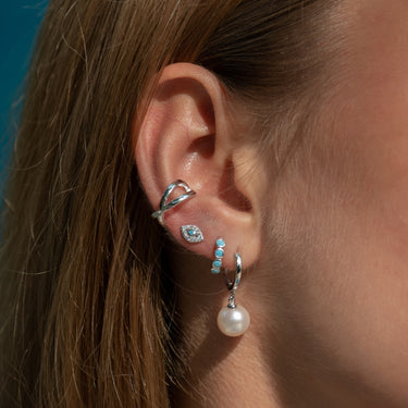 Modern Pearl Hoop Earrings in Silver on Turquoise Ear Stack by Scream Pretty
