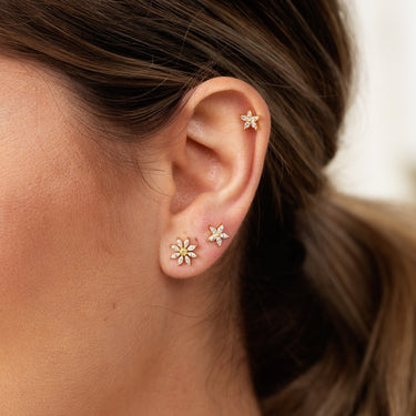 Gold Sparkling Teeny Flower Flat Back Labret Single Earring in Upper Helix & Lobe Piercing