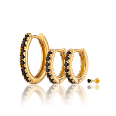 Hoop & Flat Back Earring Stacking Set in Gold with Black Stones
