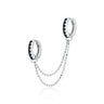 Silver Black Stone Huggie Hoop Earrings with Double Chain Connector