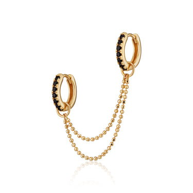 Gold Black Stone Huggie Hoop Earrings with Double Chain Connector