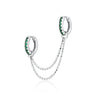 Emerald Green Double Huggie Earring with Twin Chain Connector in Silver