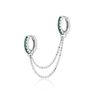Emerald Green Double Huggie Earring with Twin Chain Connector in Silver