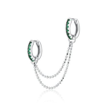 Emerald Green Double Huggie Earring with Twin Chain Connector in Silver