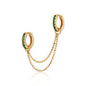 Emerald Green Double Huggie Earring with Twin Chain Connector in Gold
