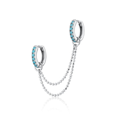 Silver Turquoise Double Huggie Earring with Twin Chain Connector