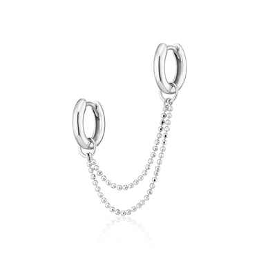 Silver Huggie Earrings with Twin Chain Connector