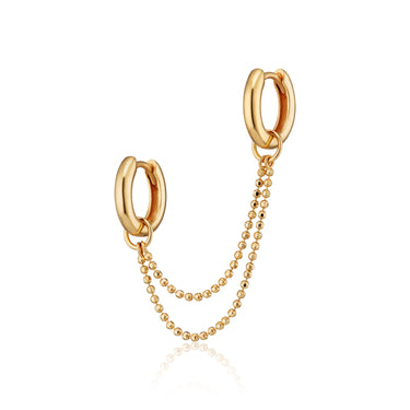 Gold Huggie Earrings with Twin Chain Connector