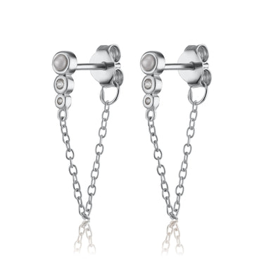 Silver Chained Pearl Stud Earrings with Chain Connector and Clear Stones