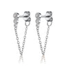 Silver Chained Pearl Stud Earrings with Chain Connector and Clear Stones