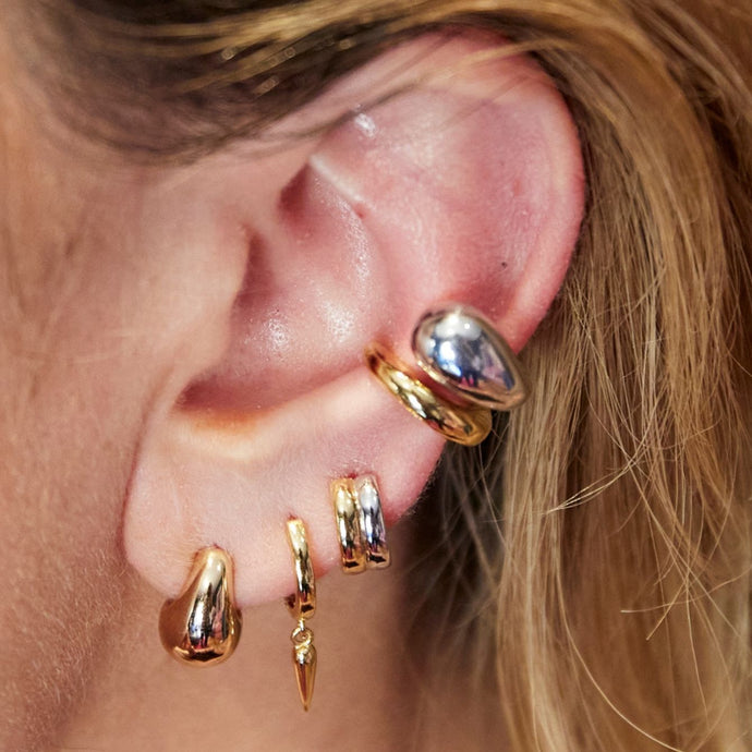 Chunky Huggie Earrings, Ear Cuffs and Studs in Silver and Gold in Ear Stack