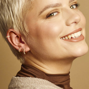 Gold Mini Sparkling Huggie Hoop Earrings in Helix and Upper Earlobe Piercings