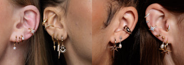 Close up of Curated Ear Looks with Huggie Earrings, Studs, Flat Backs, Charm Hoops and More