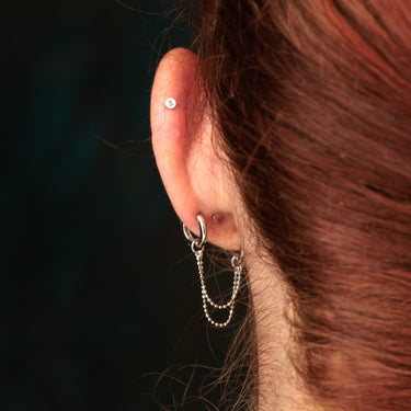 Back View of Silver Huggie Earrings with Twin Chain Connector