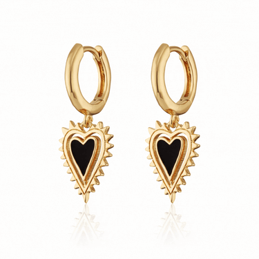 Black and Gold Heart Charm Hoop Earrings | Gothic Heart Hoops