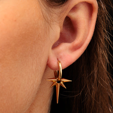 Gold Angel Star Charm Hoop Earrings on Model