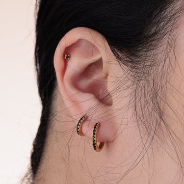 Hoop & Flat Back Earring Stacking Set in Gold with Black Stones