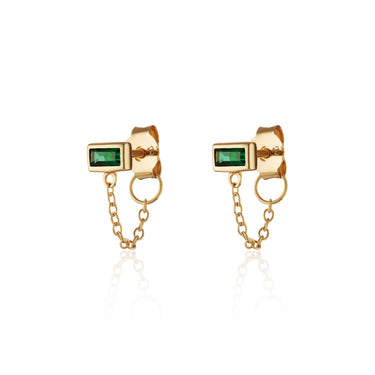 Pair of Gold Chained Baguette Stud Earrings with Green Stone