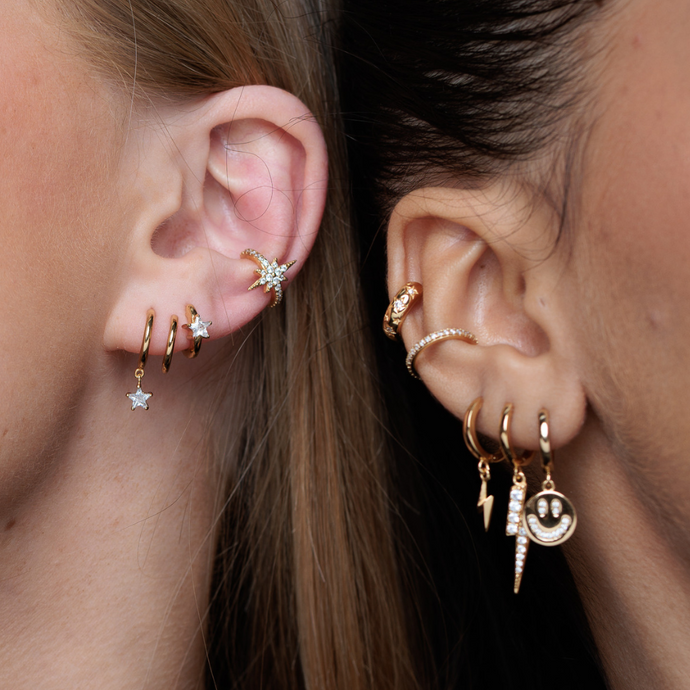 Two Gold Curated Ear Earring Stacks on Model