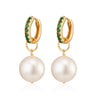 Emerald Green CZ Charm Hoop Earrings with Baroque Pearls