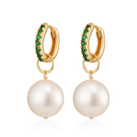 Emerald Green CZ Charm Hoop Earrings with Baroque Pearls