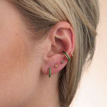 Gold Green Stone Earring Stacking Set layered with Green Baguette Ear Cuff