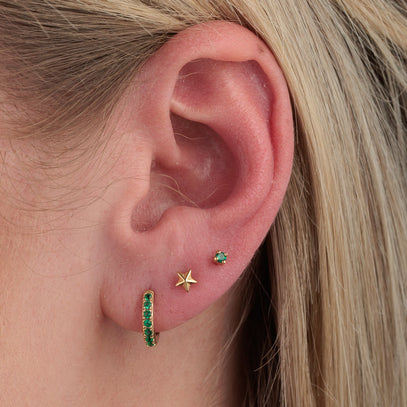 Green Stone Earring Set in Ear with a Huggie, Star & Green Stone Flat Back